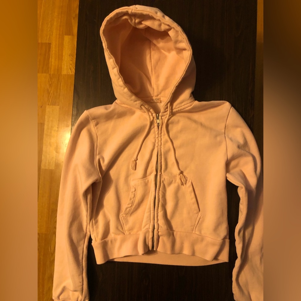 Brandy Melville light pink, cropped, hooded, zip up jacket.